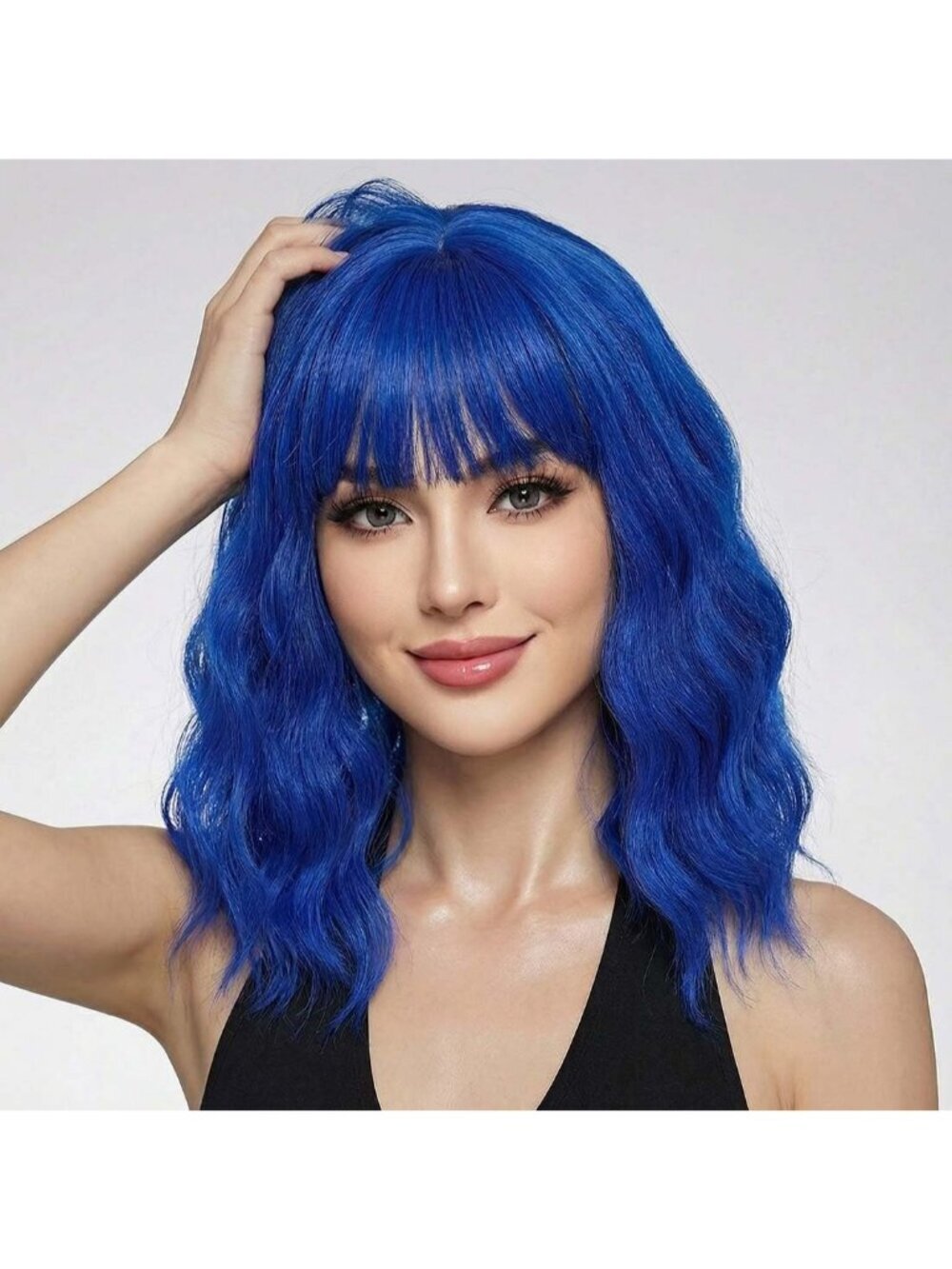 Women's Blue 14 Inch Short Shoulder Length Synthetic Bangs Wavy Bob Wig